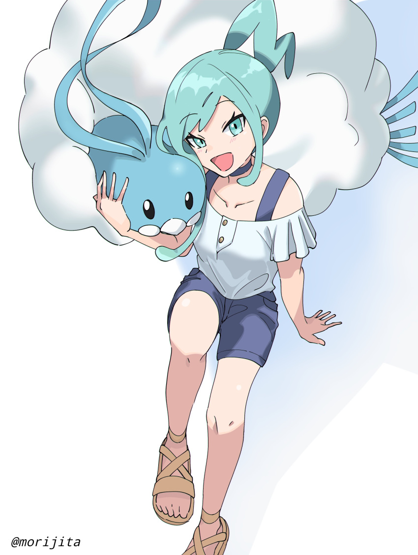 1girl :d absurdres altaria alternate_costume brown_footwear collarbone commentary_request eyelashes green_eyes green_hair hand_up highres jayj_824 lisia_(pokemon) long_hair off-shoulder_shirt off_shoulder open_mouth pokemon pokemon_(creature) pokemon_(game) pokemon_oras sandals shirt shorts sidelocks smile toes tongue white_shirt