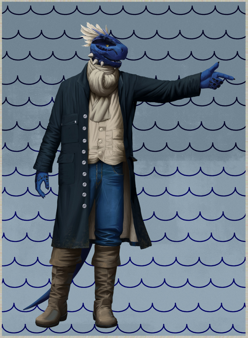 anthro argonian bethesda_softworks bottomwear clothed clothing coat denim denim_clothing digital_media_(artwork) feathers fingers gesture hi_res jeans leather leather_clothing male open_mouth pants pointing reptile scalie scarf shirt simple_background smile solo tall_lizzard_(artist) the_elder_scrolls topwear video_games