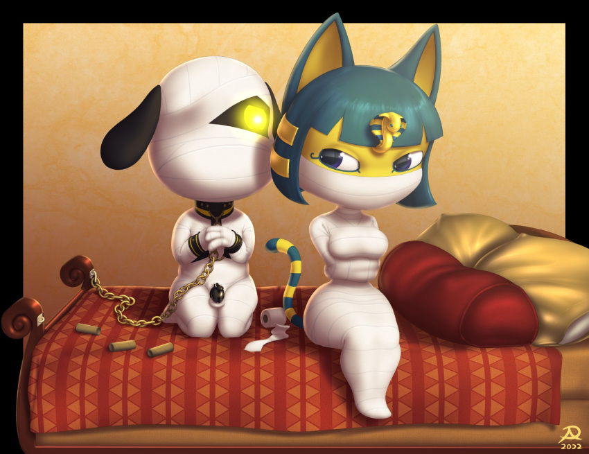 animal_crossing ankha_(animal_crossing) anthro balls bdsm bed bondage bound breasts canid canine canis chain chain_leash chained_to_bed chastity_cage chastity_device collar domestic_cat domestic_dog duo felid feline felis female furniture genitals hi_res kneeling leash lucky_(animal_crossing) male male/female mammal mummification mummy_wrappings nintendo one_eye_obstructed pillow radasus sitting video_games
