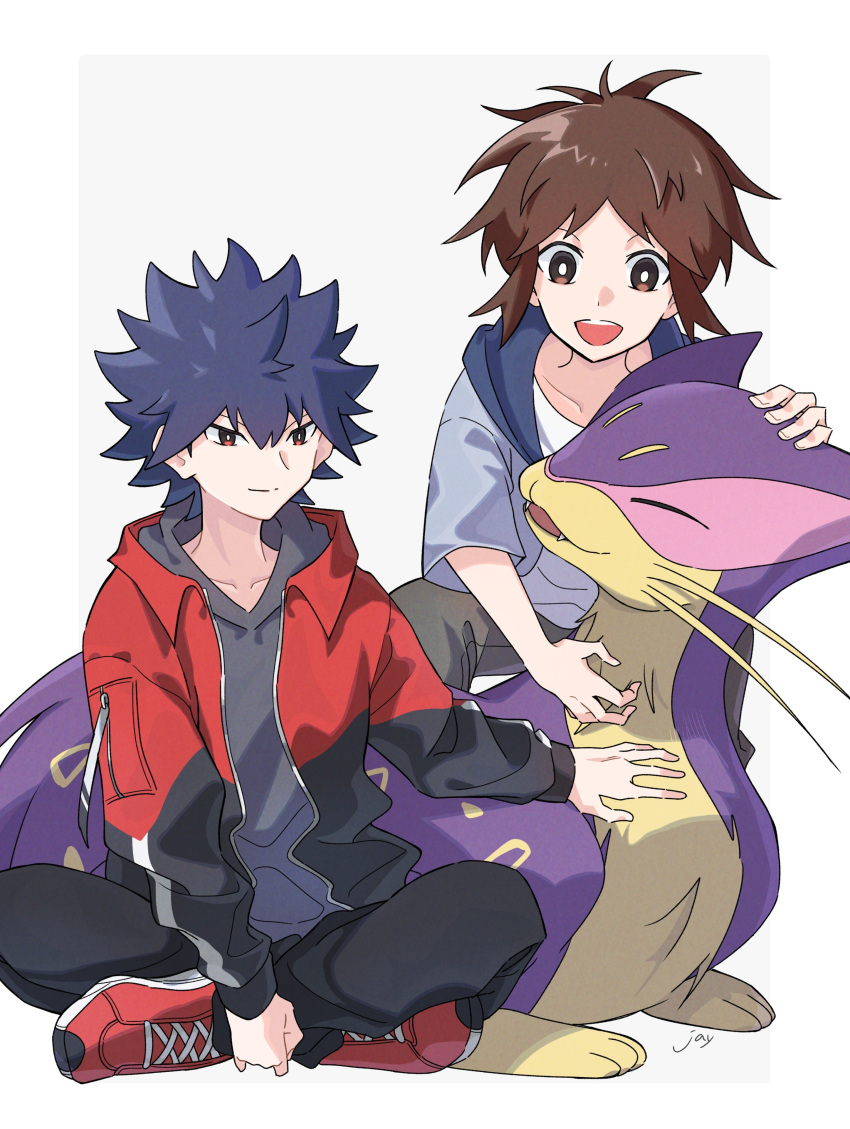 2boys :d absurdres alternate_costume bangs black_hair black_pants bright_pupils brown_eyes brown_hair closed_mouth grey_hoodie grey_pants highres hood hoodie hugh_(pokemon) jacket jayj_824 liepard male_focus multiple_boys nate_(pokemon) open_clothes open_jacket open_mouth pants petting pokemon pokemon_(creature) pokemon_(game) pokemon_bw2 red_footwear red_jacket shirt shoes short_hair sitting smile sneakers split_mouth teeth upper_teeth white_pupils white_shirt