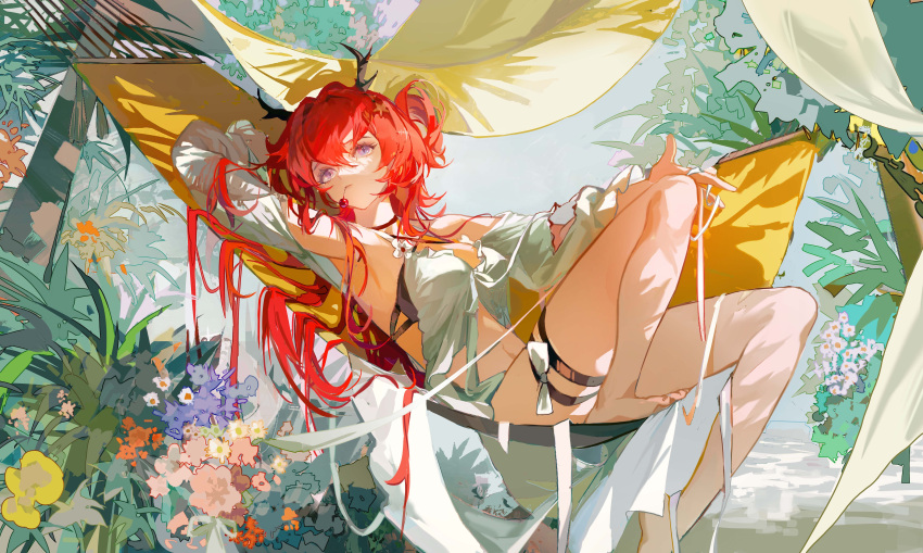 1girl absurdres arknights arm_up armpits bangs bare_shoulders barefoot bikini black_bikini breasts burnt_clothes cherry cleavage closed_mouth day detached_sleeves earrings feet_out_of_frame flower food fruit hair_ornament hammock highres horns jewelry knees_up long_hair long_sleeves looking_at_viewer lying miujiii mouth_hold navel official_alternate_costume on_back outdoors photoshop_(medium) plant purple_eyes red_hair solo star_(symbol) star_hair_ornament surtr_(arknights) surtr_(colorful_wonderland)_(arknights) swimsuit swimsuit_cover-up thigh_strap very_long_hair