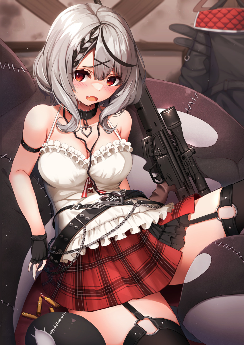 1girl absurdres arm_strap arm_support bangs bare_shoulders black_collar black_hair black_thighhighs blush braid breasts bullet camisole chain cleavage collar collarbone eye_mask fang fingerless_gloves frilled_camisole frills garter_straps gloves grey_hair gun hair_ornament heart heart_collar highres hololive jacket jacket_removed large_breasts looking_at_viewer mask mask_removed medium_hair multicolored_hair o-ring_belt open_mouth plaid plaid_skirt red_eyes rifle sakamata_chloe sidelocks sitting skirt sniper_rifle solo streaked_hair tatapopo thighhighs thighs virtual_youtuber weapon white_camisole x_hair_ornament