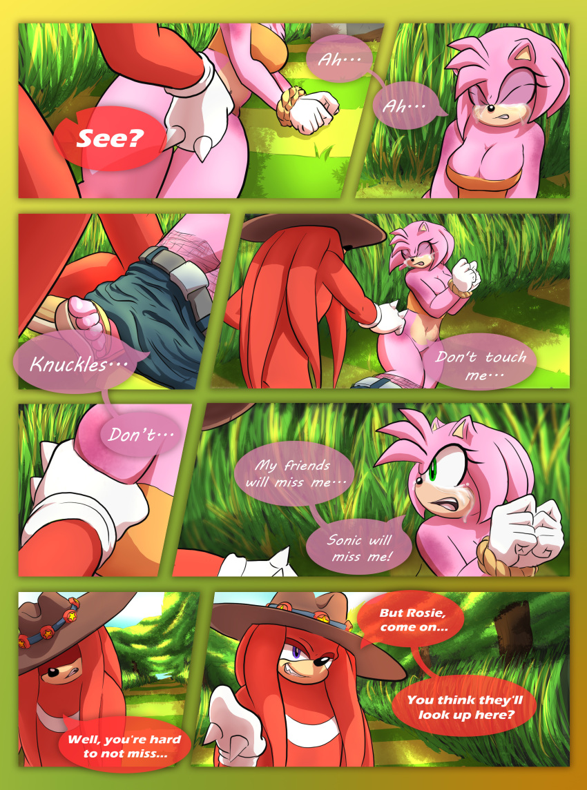 2020 absurd_res amy_rose anthro bdsm bodily_fluids bondage bottomwear bound breasts breech_loader bruised cleavage clothed clothing comic crying detailed_background dialogue dominant dominant_male duo echidna english_text eulipotyphlan female fishnet fishnet_legwear fur green_eyes hand_on_arm hands_tied handwear hat headgear headwear hedgehog hi_res kidnapping knuckles_the_echidna legwear male mammal monotreme outside purple_eyes restraints rope rope_bondage saliva sega shorts sonic_the_hedgehog_(series) speech_bubble submissive submissive_female tears text topwear toso video_games