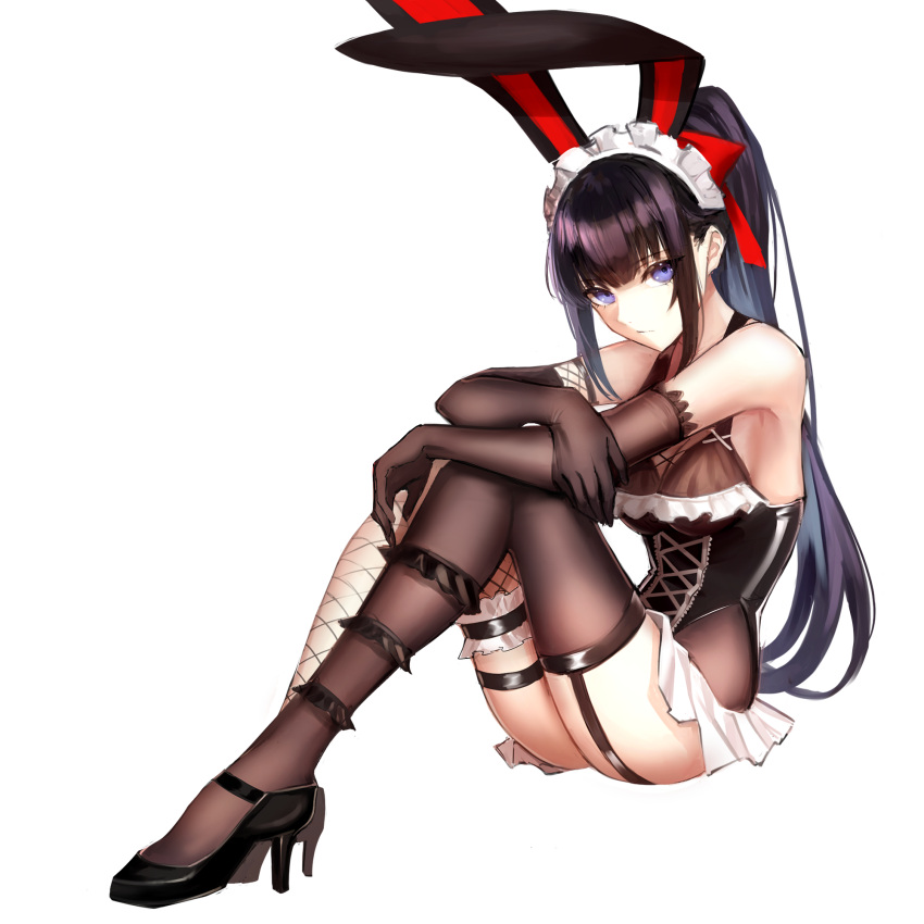1girl animal_ears asymmetrical_legwear bangs black_footwear black_gloves black_hair black_leotard black_thighhighs blue_eyes blunt_bangs boa_sorte breasts cleavage closed_mouth crossed_arms elbow_gloves fake_animal_ears garter_straps gloves high_heels high_ponytail highres leotard long_hair looking_at_viewer maid_headdress medium_breasts narberal_gamma overlord_(maruyama) playboy_bunny pumps rabbit_ears shiny shiny_hair simple_background sitting solo thigh_strap thighhighs very_long_hair white_background