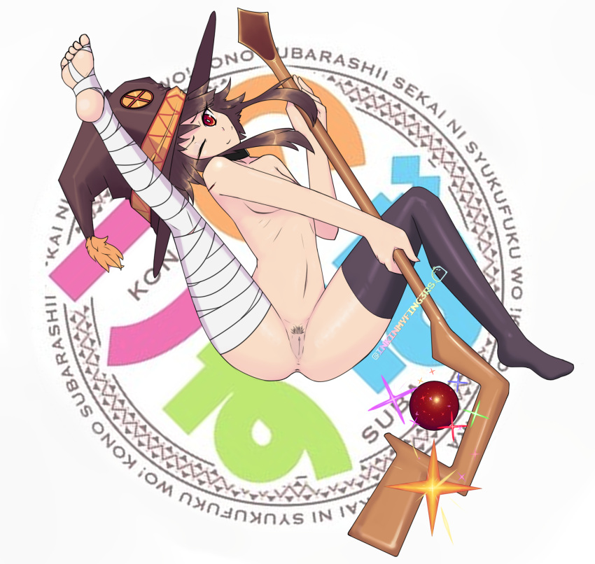 aged_up anime_style feet female flat_chested genitals hi_res human konosuba:_god's_blessing_on_this_wonderful_world! magic_user magic_wand mammal megumin_(konosuba) slim slimedhearts(artist) solo thick_thighs