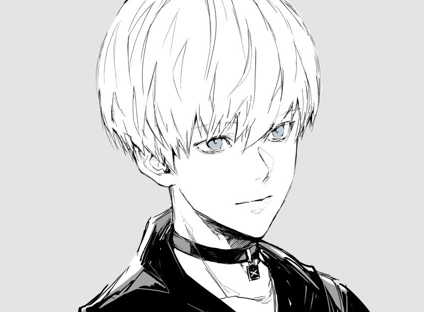 1boy bangs black_choker black_jacket choker close-up closed_mouth grey_background greyscale hair_between_eyes highres jacket light_smile looking_to_the_side male_focus monochrome nier_(series) nier_automata nishiii26miii pendant_choker portrait short_hair solo white_hair yorha_no._9_type_s