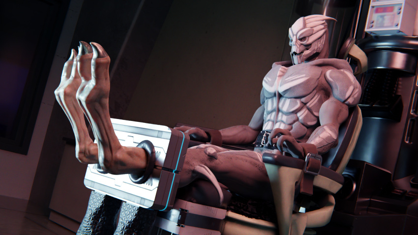 3d_(artwork) alien anthro arms_tied bdsm bondage bound chair chair_bondage claws cuff_(restraint) digital_media_(artwork) furniture handcuffs hi_res laboratory legs_tied male mass_effect metal_cuffs not_furry paws ralic_turman restraints shackles simple_background solo turian video_games