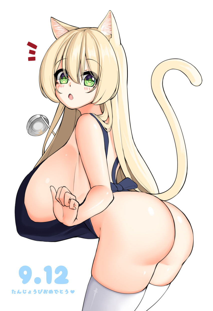 absurd_res animal_humanoid big_breasts big_butt blonde_hair blush breasts butt cat_humanoid clothing felid felid_humanoid feline feline_humanoid female green_eyes hair hi_res huge_breasts humanoid kaedeno_yuu legwear looking_at_viewer looking_back looking_back_at_viewer mammal mammal_humanoid side_boob simple_background solo thigh_highs white_background