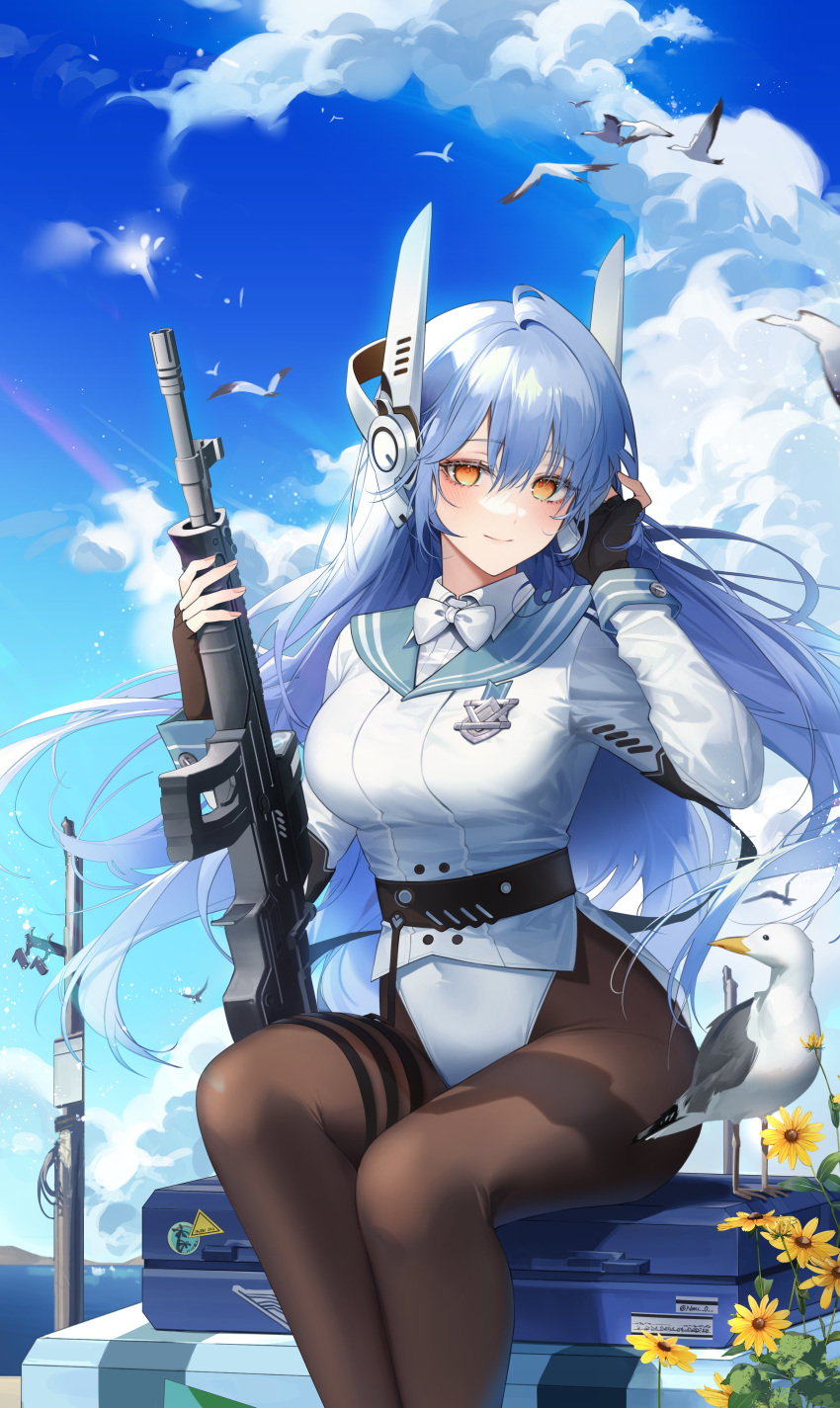 1girl absurdres bangs bird blue_hair blue_sky bow bowtie breasts closed_mouth day fingerless_gloves flower girls'_frontline gloves gun hands_up highres holding holding_gun holding_weapon leotard long_hair long_sleeves looking_at_viewer medium_breasts naru_0 outdoors pantyhose sailor_collar sitting sky solo tar-21_(girls'_frontline) weapon white_bow white_bowtie white_leotard yellow_eyes