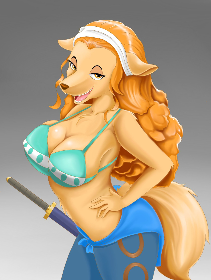 2021 anthro big_breasts bra breasts brown_eyes canid canine canis cleavage clothed clothing domestic_dog female hair hi_res long_hair looking_at_viewer mammal melee_weapon one_piece simple_background smile solo sword underwear wanda_(one_piece) weapon zebra10045