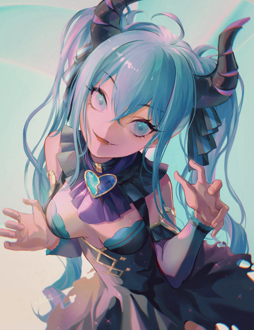 1girl absurdres ahoge bag black_dress black_ribbon blue_background blue_eyes blue_hair blue_ribbon breasts cleavage detached_sleeves dress fang floating_hair grey_sleeves hair_between_eyes hair_ribbon hatsune_miku highres horns leaning_forward long_hair long_sleeves looking_at_viewer medium_breasts multicolored_ribbon open_mouth reverse_outfit ribbon sanwu_qijiu shiny shiny_hair sleeveless sleeveless_dress smile solo twintails upper_body very_long_hair vocaloid