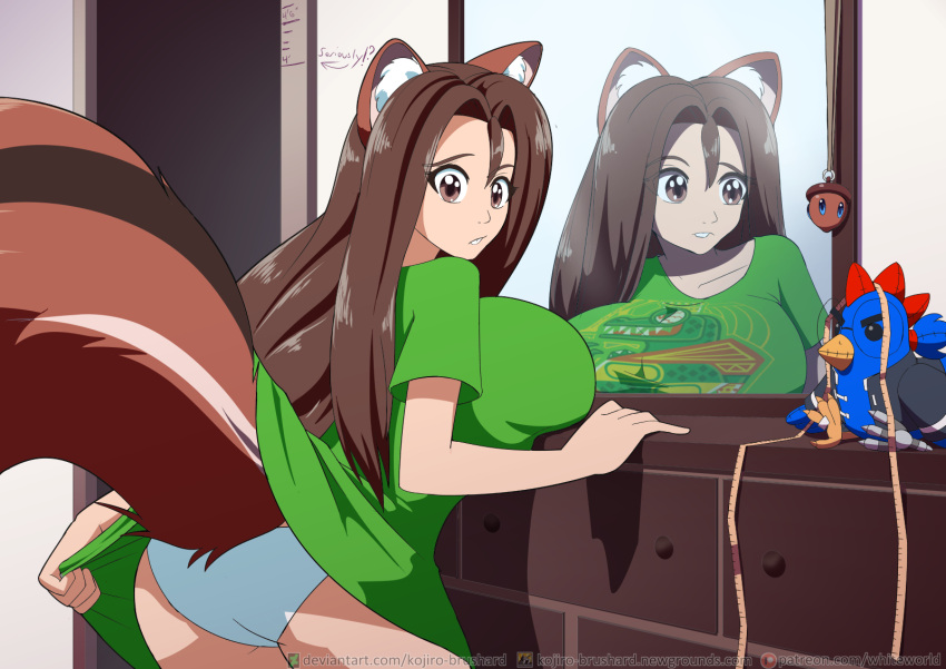 animal_humanoid baggy_clothing baggy_topwear big_breasts breast_rest breasts brown_eyes brown_hair buckteeth clothing female hair hi_res humanoid inconvenient_tail kojiro-brushard long_hair malkai_(malkaiwot) mammal mammal_humanoid mirror mirror_reflection panties pantsless raised_tail rear_view reflection rodent rodent_humanoid sciurid sciurid_humanoid solo squirrel_humanoid tape_measure teeth topwear underwear