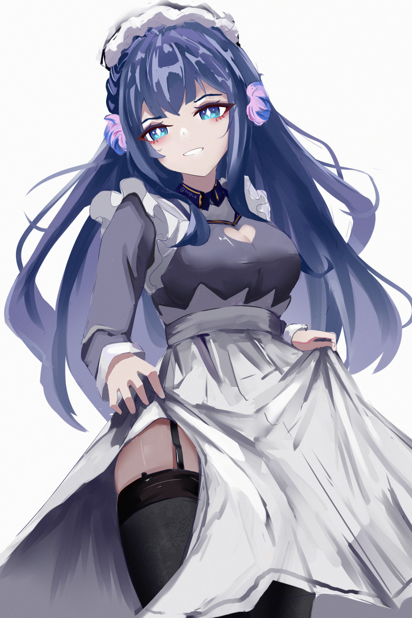 1girl absurdres alternate_costume arknights astesia_(arknights) black_thighhighs blue_eyes blue_hair braid bright_pupils clothes_lift cowboy_shot diamond-shaped_pupils diamond_(shape) dress dress_lift garter_straps highres lifted_by_self long_hair looking_at_viewer smile solo symbol-shaped_pupils tangcu thighhighs white_dress white_pupils