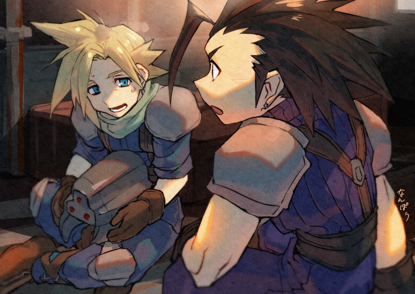 2boys armor artist_name bangs belt black_hair blonde_hair blue_eyes blue_pants blue_shirt brown_footwear brown_gloves cloud_strife cowboy_shot earrings final_fantasy final_fantasy_vii full_body gloves green_scarf hair_slicked_back helmet highres holding holding_helmet indian_style indoors jewelry knee_pads looking_at_another lower_teeth male_focus medium_hair multiple_boys nanpou_(nanpou0021) open_mouth pants parted_bangs scarf shirt short_hair shoulder_armor sick sideburns single_earring sitting sleeveless sleeveless_turtleneck sleeves_rolled_up spiked_hair suspenders sweat teeth train_interior turtleneck zack_fair