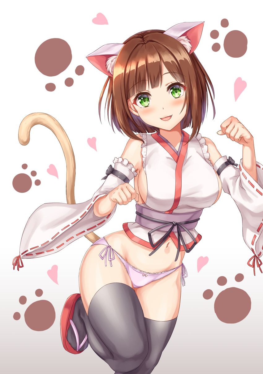 1girl absurdres animal_ear_fluff animal_ears black_thighhighs breasts brown_hair cat_ears cat_tail fang green_eyes highres idolmaster idolmaster_cinderella_girls japanese_clothes kyamu_(qqea92z9n) large_breasts light_blush looking_at_viewer maekawa_miku miko navel nontraditional_miko open_mouth panties paw_pose paw_print paw_print_background sandals sideboob smile solo standing standing_on_one_leg stomach tail thighhighs thighs underwear