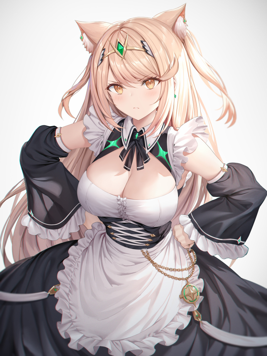 absurdres alternate_costume apron bangs black_dress blonde_hair breasts cleavage dress enmaided frilled_apron frills highres large_breasts long_hair maid maid_apron maid_headdress mythra_(xenoblade) roi_(liu_tian) swept_bangs very_long_hair waist_apron white_apron xenoblade_chronicles_(series) xenoblade_chronicles_2 yellow_eyes