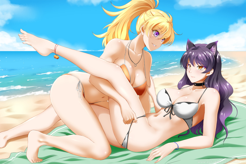 2girls animal_ears ankle_bell banned_artist bare_arms bare_legs barefoot beach bikini bikini_pull black_choker black_hair blake_belladonna blonde_hair blue_sky bracelet breasts cat_ears choker cleavage closed_mouth clothes_pull cloud collarbone day eye_contact front-tie_bikini_top front-tie_top highres jewelry kimmy77 large_breasts long_hair looking_at_another multiple_girls navel necklace ocean orange_bikini outdoors parted_lips pulled_by_another purple_eyes rwby shiny shiny_hair side-tie_bikini_bottom sky slit_pupils swimsuit very_long_hair white_bikini yang_xiao_long yellow_eyes yuri