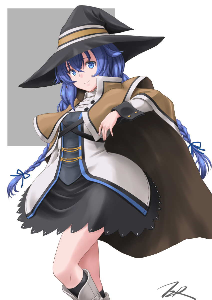 1girl bangs black_headwear black_skirt black_socks blue_eyes blue_hair boots braid brown_cape cape closed_mouth floating_hair hair_between_eyes hat highres long_hair miniskirt mushoku_tensei roxy_migurdia signature skirt smile socks solo standing t2r twin_braids twintails very_long_hair white_background white_footwear witch_hat