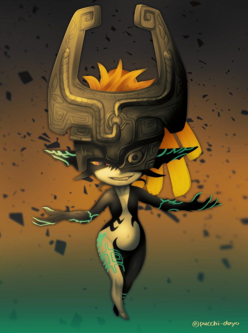 1girl absurdres black_skin body_markings colored_sclera colored_skin crossed_legs full_body gradient gradient_background grin helmet highres long_hair looking_at_viewer midna multicolored_skin navel orange_eyes orange_hair pointy_ears puchiman sharp_teeth smile solo teeth the_legend_of_zelda the_legend_of_zelda:_twilight_princess twitter_username two-tone_skin watson_cross white_skin yellow_sclera