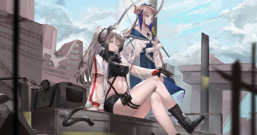 2girls :d animal_ear_fluff animal_ears arknights arrow_(projectile) bag bangs bare_legs belt black_footwear black_scarf black_shorts blazpu blue_dress blue_sky blunt_bangs boots breasts brown_eyes building cat_ears ceylon_(arknights) crop_top day double_bun dress duffel_bag feather_hair feet_out_of_frame grey_hair hair_bun hand_on_own_knee hat holding holding_umbrella jacket knee_boots large_breasts long_hair long_sleeves looking_at_viewer multiple_girls navel open_clothes open_jacket outdoors parted_lips pink_hair ponytail quiver ruins scarf schwarz_(arknights) short_shorts shorts sitting sky smile standing thigh_pouch thigh_strap transparent transparent_umbrella umbrella white_headwear white_jacket yellow_eyes