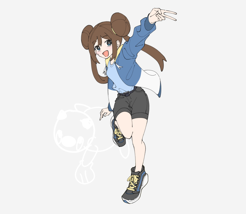 1girl :d alternate_costume bangs belt black_footwear blue_shirt bright_pupils brown_hair commentary_request double_bun full_body grey_background hair_bun happy highres jacket jayj_824 leg_up long_hair open_clothes open_jacket open_mouth oshawott pokemon pokemon_(game) pokemon_bw2 rosa_(pokemon) shirt shoes shorts smile sneakers tongue twintails v white_pupils