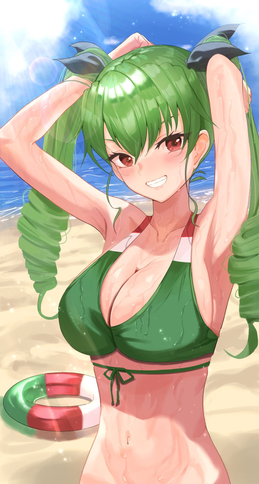 1girl anchovy_(girls_und_panzer) armpits arms_behind_head arms_up beach bikini black_ribbon blush breasts brown_eyes cleavage collarbone day drill_hair girls_und_panzer green_hair grin hair_ribbon highres innertube italian_flag_bikini large_breasts long_hair looking_at_viewer mamaa_(maeni6379) navel outdoors ribbon smile solo swimsuit teeth twin_drills upper_body