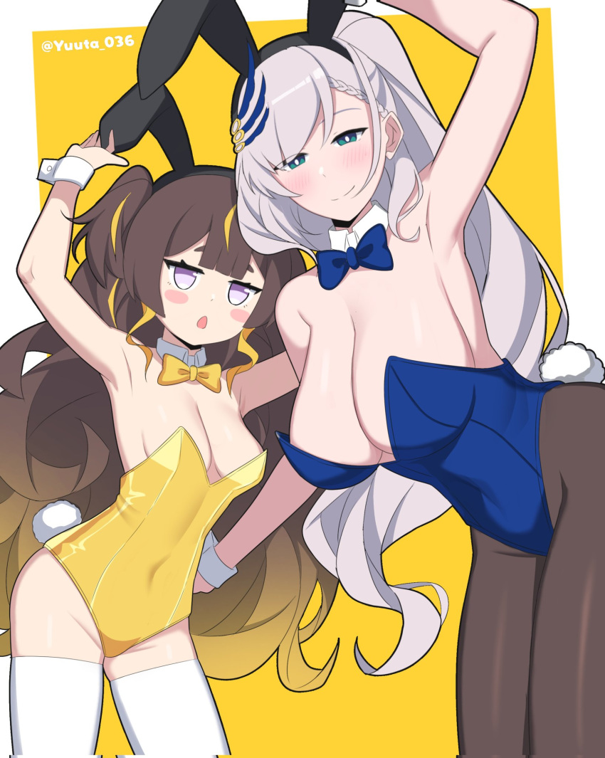 2girls animal_ears anya_melfissa black_pantyhose blue_eyes blush_stickers bow bowtie breasts brown_hair covered_navel detached_collar grey_hair highres hololive hololive_indonesia jitome large_breasts long_hair multiple_girls pantyhose pavolia_reine playboy_bunny purple_eyes rabbit_ears rabbit_tail small_breasts smile tail thighhighs twitter_username virtual_youtuber white_thighhighs wrist_cuffs yellow_background yuuta_(yuuta0361)