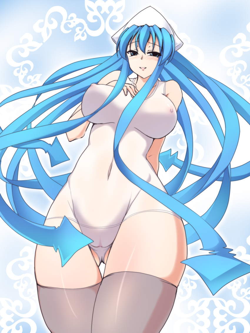 blue_eyes blue_hair blush breasts covered_nipples hat highres ikamusume large_breasts long_hair negamaro nipples older shinryaku!_ikamusume solo swimsuit tentacle_hair thighhighs white_swimsuit