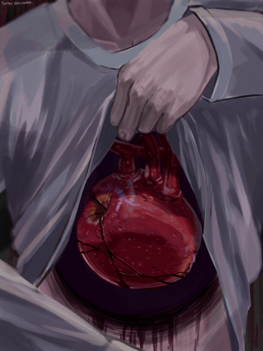 1other absurdres ambiguous_gender apple clothes_lift commentary_request food fruit guro heart_(organ) highres hole_in_chest hole_on_body o0hiiro0o original other_focus out_of_frame shirt shirt_lift solo surreal white_shirt