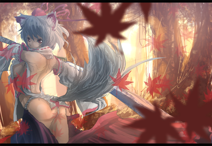 adapted_costume animal_ears ass back bad_id bad_pixiv_id breasts detached_sleeves fundoshi hat hey_taishou inubashiri_momiji japanese_clothes leaf looking_at_viewer looking_back maple_leaf medium_breasts no_bra red_eyes short_hair sideboob silver_hair solo sword tail tokin_hat touhou wardrobe_malfunction weapon white_hair wolf_ears wolf_tail