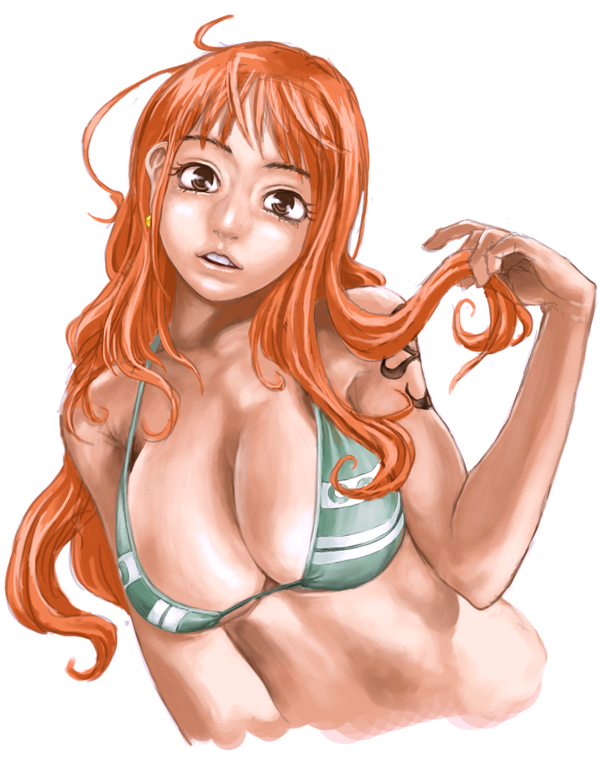 1girl ahoge bikini_top breasts brown_eyes cleavage dragonicat earrings highres jewelry large_breasts long_hair nami nami_(one_piece) one_piece orange_hair sabaody_archipelago solo tattoo