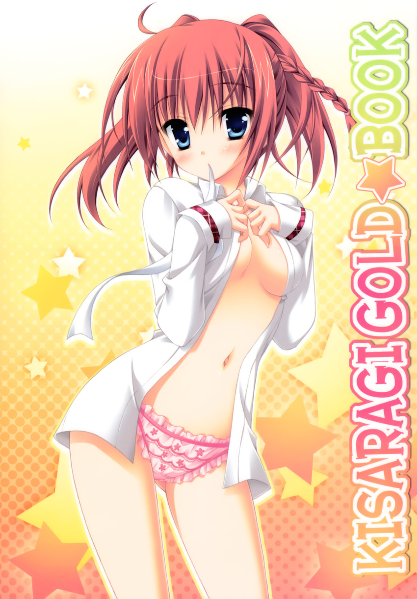 absurdres blush braid breasts endou_saya_(kisaragi_gold_star) frilled_panties frills highres kisaragi_gold_star long_sleeves medium_breasts moribe_(rabumanyo) navel no_bra open_clothes open_shirt panties red_hair ribbon shirt short_hair solo underwear