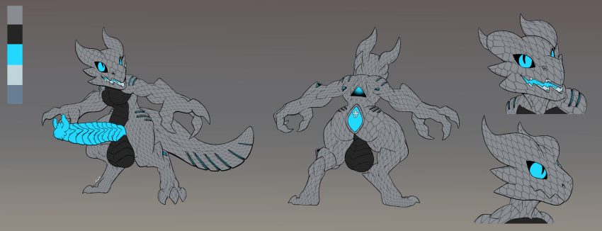 3_fingers 3_toes absurd_res anthro big_penis bioluminescence biomechanical black_sclera blue_eyes digital_media_(artwork) feet fingers genitals glowing hi_res horn huge_penis hyper hyper_genitalia hyper_penis jets kobold male model_sheet penis scalie solo tail toes undeadkitty13 unusual_anatomy unusual_genitalia unusual_penis