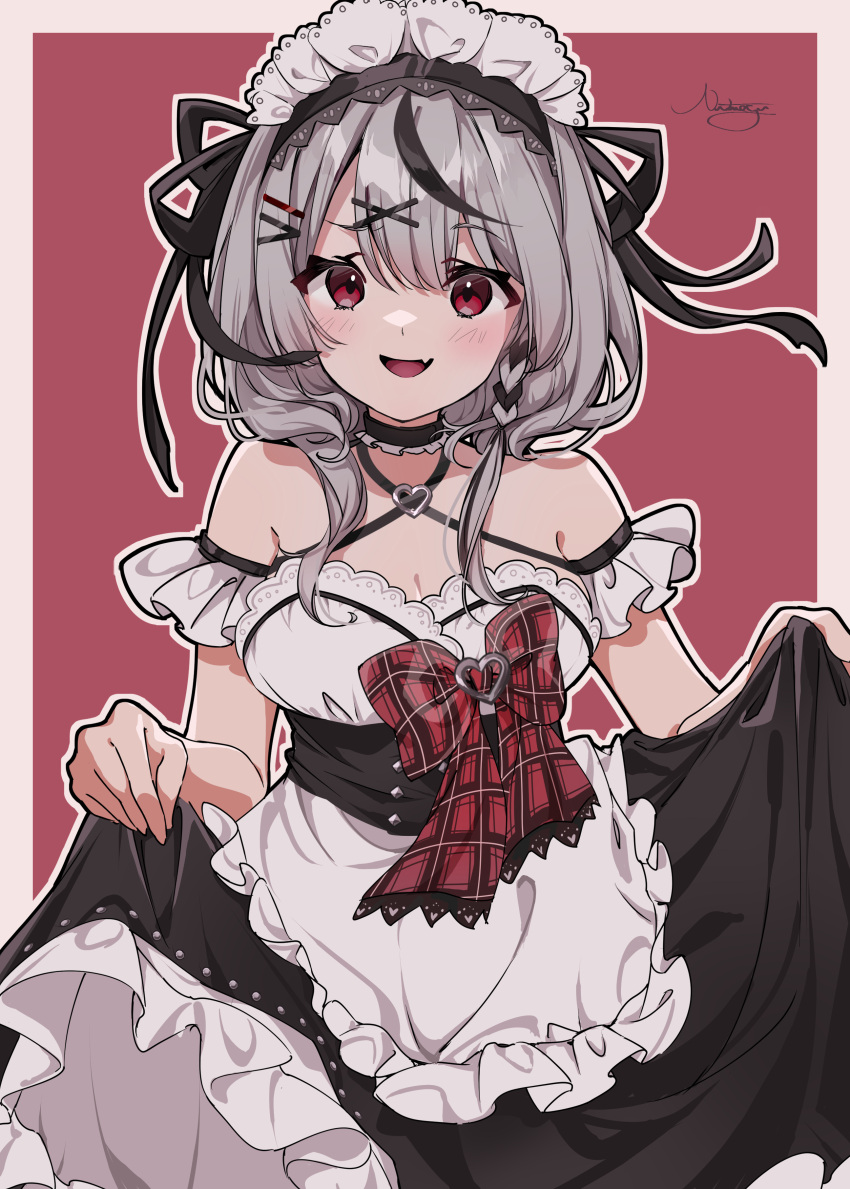 1girl :d absurdres alternate_costume apron arm_garter bare_shoulders black_dress black_hair bow bowtie breasts cleavage clothes_lift detached_sleeves dress dress_lift enmaided fang grey_hair hair_ornament hairclip halter_dress halterneck highres hololive looking_at_viewer maid maid_headdress medium_breasts medium_hair multicolored_hair nut_megu open_mouth plaid plaid_bow red_bow red_bowtie red_eyes sakamata_chloe skin_fang smile solo streaked_hair underbust virtual_youtuber waist_apron white_apron x_hair_ornament