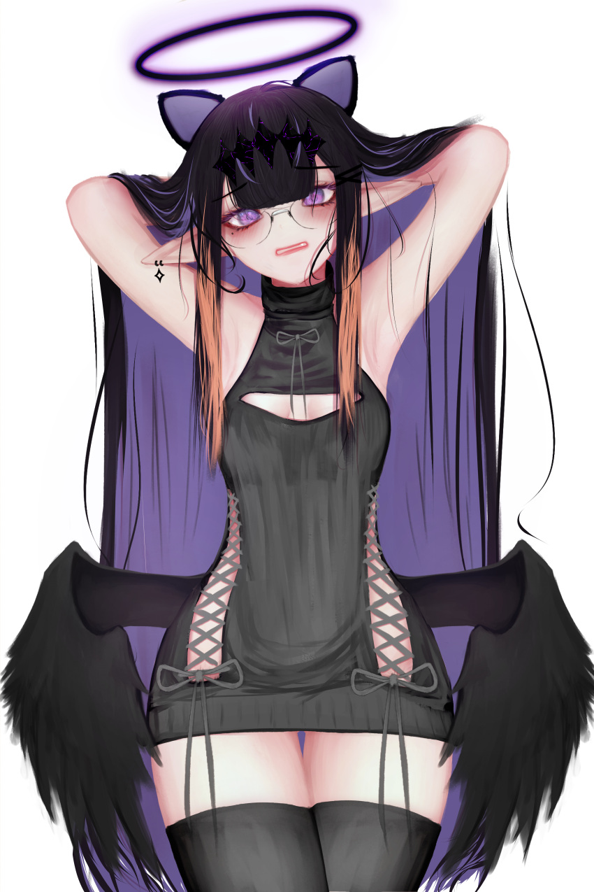 1girl absurdres black_dress black_hair black_thighhighs black_wings colored_inner_hair dress glasses halo highres hololive hololive_english long_hair looking_at_viewer mole mole_under_eye multicolored_hair ninomae_ina'nis open_mouth pointy_ears purple_hair sleeveless sleeveless_dress sleeveless_turtleneck_dress soju_ice solo teeth thighhighs turtleneck_dress virtual_youtuber white_background wings