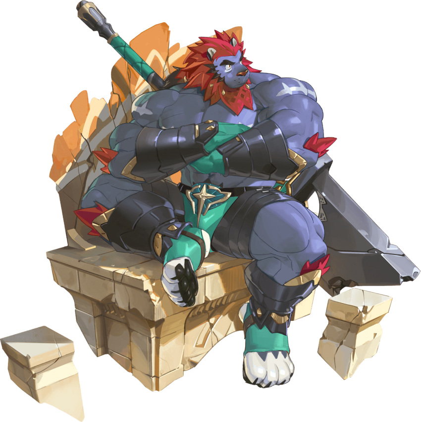 1boy alternate_costume armor bara blue_fur broken broken_sword broken_weapon crossed_arms gauntlets gyee highres leg_armor looking_to_the_side male_focus male_swimwear manly mature_male muscular muscular_male non-web_source official_alternate_costume official_art osiris_(gyee) pectorals red_hair rock ruins solo spread_legs swim_briefs sword thick_arms thick_eyebrows thick_thighs thighs tooboshoo transparent_background weapon weapon_on_back
