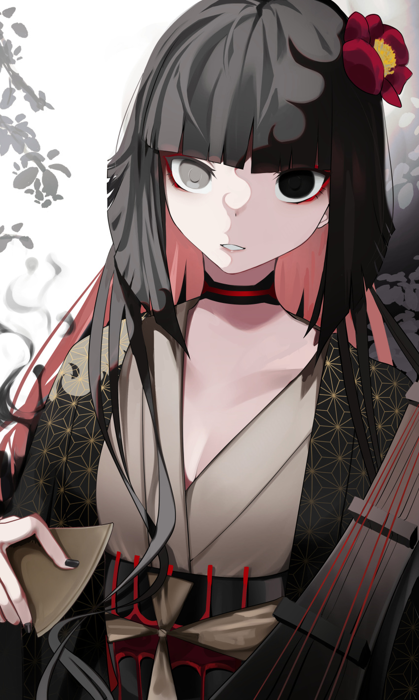 1girl absurdres bachi black_eyes black_hair black_nails breasts choker cleavage eyeliner fate/grand_order fate_(series) flower grey_eyes hair_flower hair_ornament highres hime_cut instrument japanese_clothes kimono long_hair looking_at_viewer makeup parted_lips plectrum san_(harutuki_3) sash sen_no_rikyu_(fate) shamisen small_breasts solo
