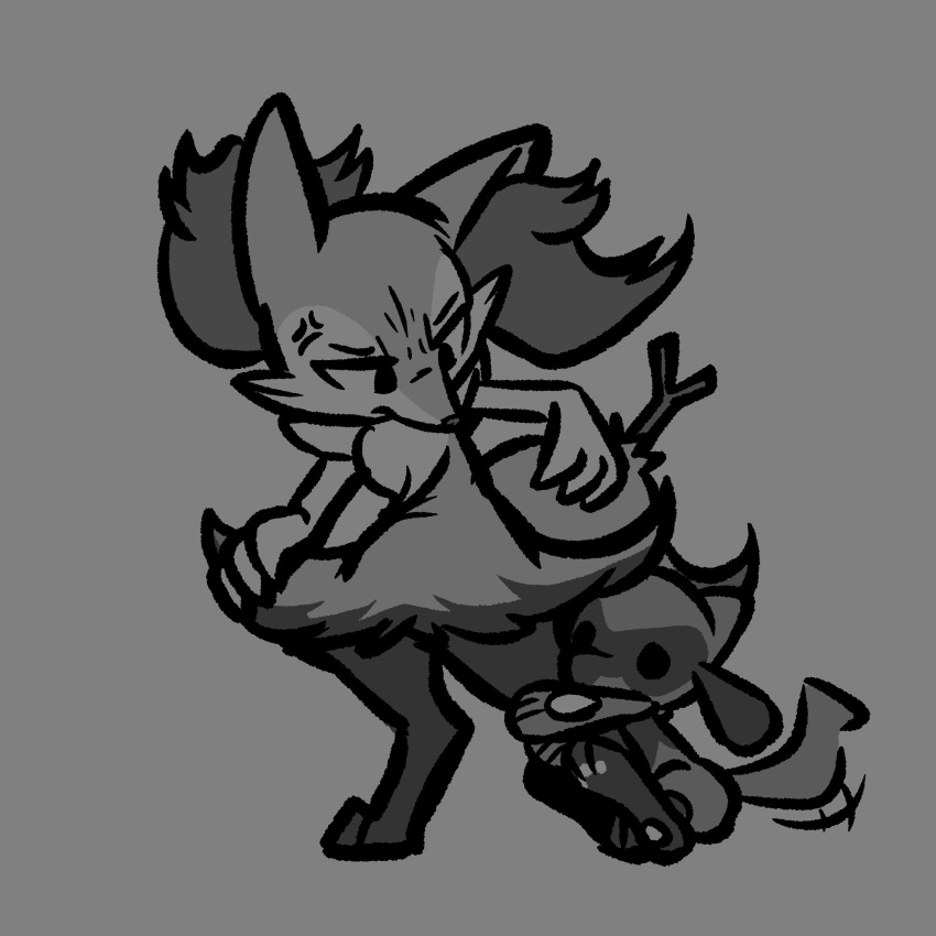 1:1 3_fingers 3_toes advos ambiguous_gender annoyed annoyed_expression anthro braixen canid canine digital_media_(artwork) duo feet fingers fur generation_4_pokemon generation_6_pokemon hi_res hugging_leg inner_ear_fluff looking_down mammal monochrome nintendo pawpads pokemon pokemon_(species) riolu simple_background sitting size_difference standing tail_motion tailwag toes tuft video_games