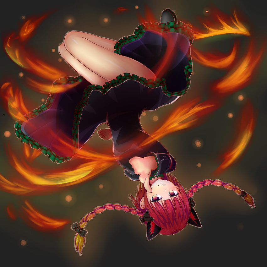 1girl absurdres animal_ears ass black_bow bow braid cat_ears dress fire flame hair_bow highres kaenbyou_rin kujira137 long_sleeves no_tail pointing pointing_at_viewer red_eyes red_hair solo touhou twin_braids upside-down