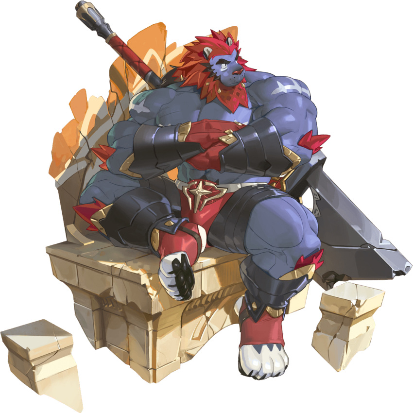 1boy armor bara blue_fur broken broken_sword broken_weapon crossed_arms gauntlets gyee highres leg_armor looking_to_the_side male_focus male_swimwear manly mature_male muscular muscular_male non-web_source official_art osiris_(gyee) pectorals red_hair rock ruins solo spread_legs swim_briefs sword thick_arms thick_eyebrows thick_thighs thighs tooboshoo transparent_background weapon weapon_on_back