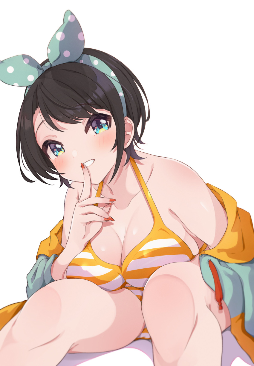 1girl absurdres bikini black_hair blue_eyes bow breasts cleavage commentary_request drawstring finger_to_mouth hair_bow halterneck highres hololive leaning_forward medium_breasts nail_polish off_shoulder oozora_subaru polka_dot polka_dot_bow short_hair shushing smile solo striped striped_bikini suzushika_(13_96) swimsuit thighs virtual_youtuber white_background