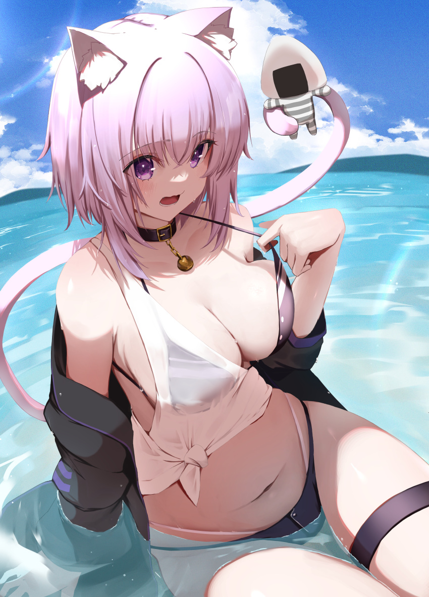 1girl absurdres animal_ear_fluff animal_ears bell bikini bikini_under_clothes black_bikini black_collar black_jacket breasts cat_ears cat_girl cat_tail collar highres hololive jacket jingle_bell large_breasts mikaku navel nekomata_okayu off_shoulder onigirya_(nekomata_okayu) open_mouth pink_hair pulled_by_self purple_eyes shirt short_hair single_strap sitting solo stomach strap_pull swimsuit tail thigh_strap thighs tied_shirt virtual_youtuber water wet