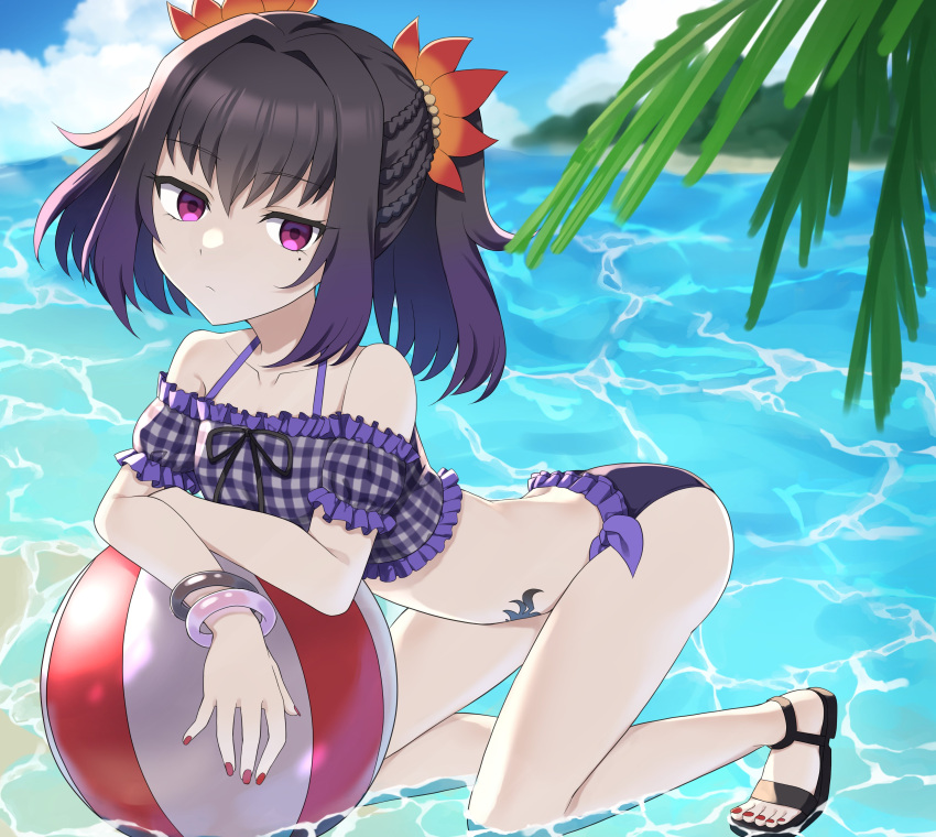 1girl absurdres ashido_(acidex) ball beach beachball bikini blue_sky bracelet braid cloud collarbone day feet frilled_swimsuit frills full_body hair_ornament highres jewelry leaning_on_object legs looking_at_viewer mole mole_under_eye nail_polish ocean outdoors purple_eyes purple_hair red_nails saimon_(tales) sand sandals sky solo swimsuit tales_of_(series) tales_of_zestiria thighs toenail_polish toenails toes twintails water