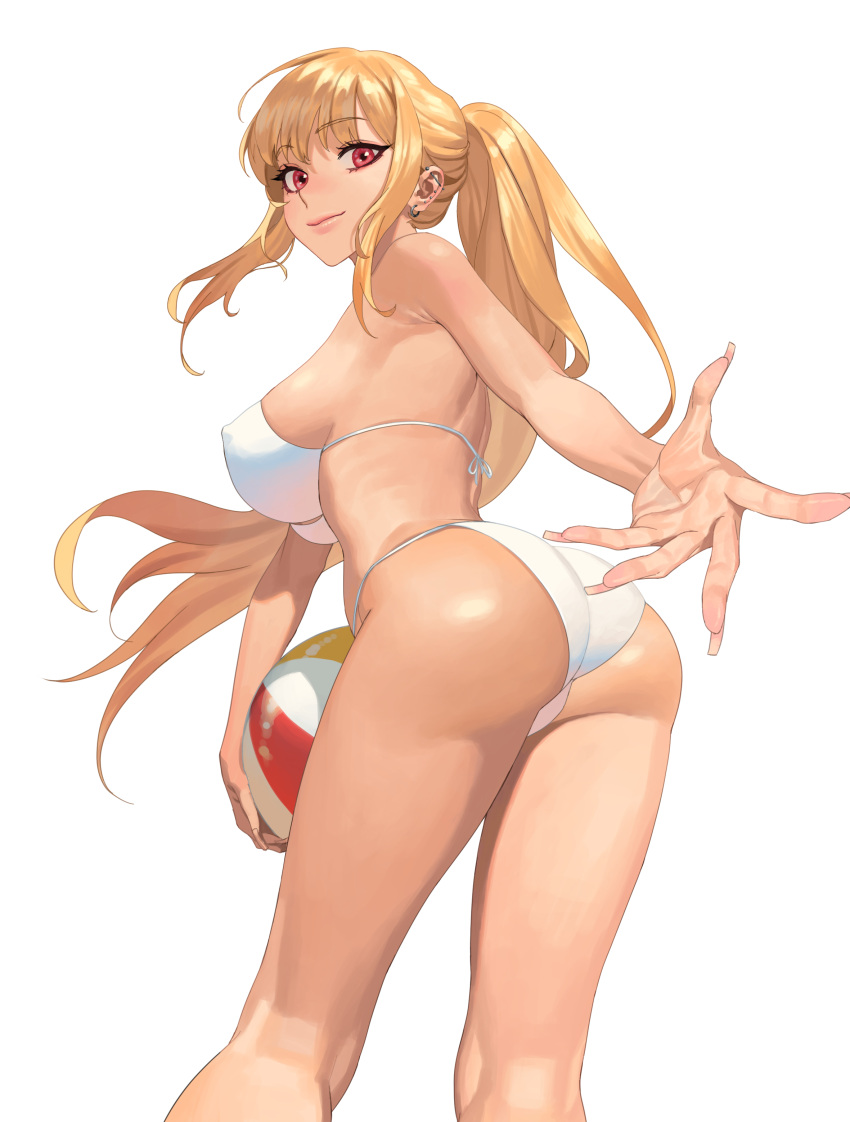 absurdres ball bangs barbell_piercing beachball bikini blonde_hair breasts covered_nipples ear_piercing earrings gradient_hair highres hongcasso jewelry kitagawa_marin large_breasts long_hair looking_at_viewer looking_back multicolored_hair piercing red_eyes red_hair sono_bisque_doll_wa_koi_wo_suru string_bikini swept_bangs swimsuit white_background white_bikini