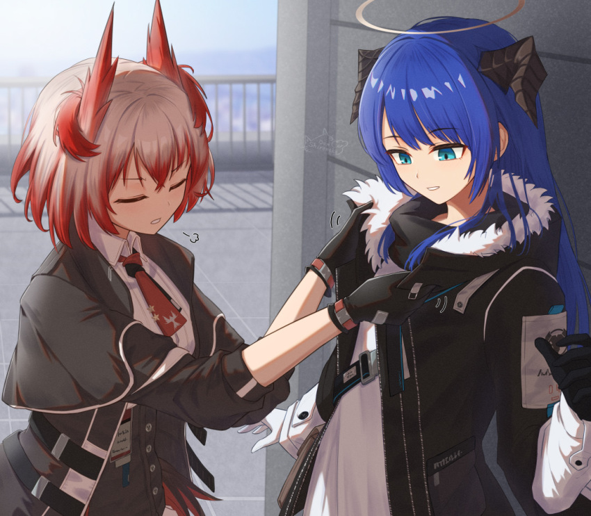 2girls adjusting_another's_clothes animal_ears arknights asymmetrical_gloves bird_ears black_gloves black_skirt blue_eyes blue_hair closed_eyes collared_shirt day demon_horns fiammetta_(arknights) fur-trimmed_hood fur_trim gloves halo high-waist_skirt hood hood_down hooded_jacket horns jacket long_hair mismatched_gloves mostima_(arknights) multiple_girls necktie open_clothes open_jacket outdoors railing red_hair red_necktie rooftop shironekoban shirt short_hair skirt upper_body white_gloves white_shirt