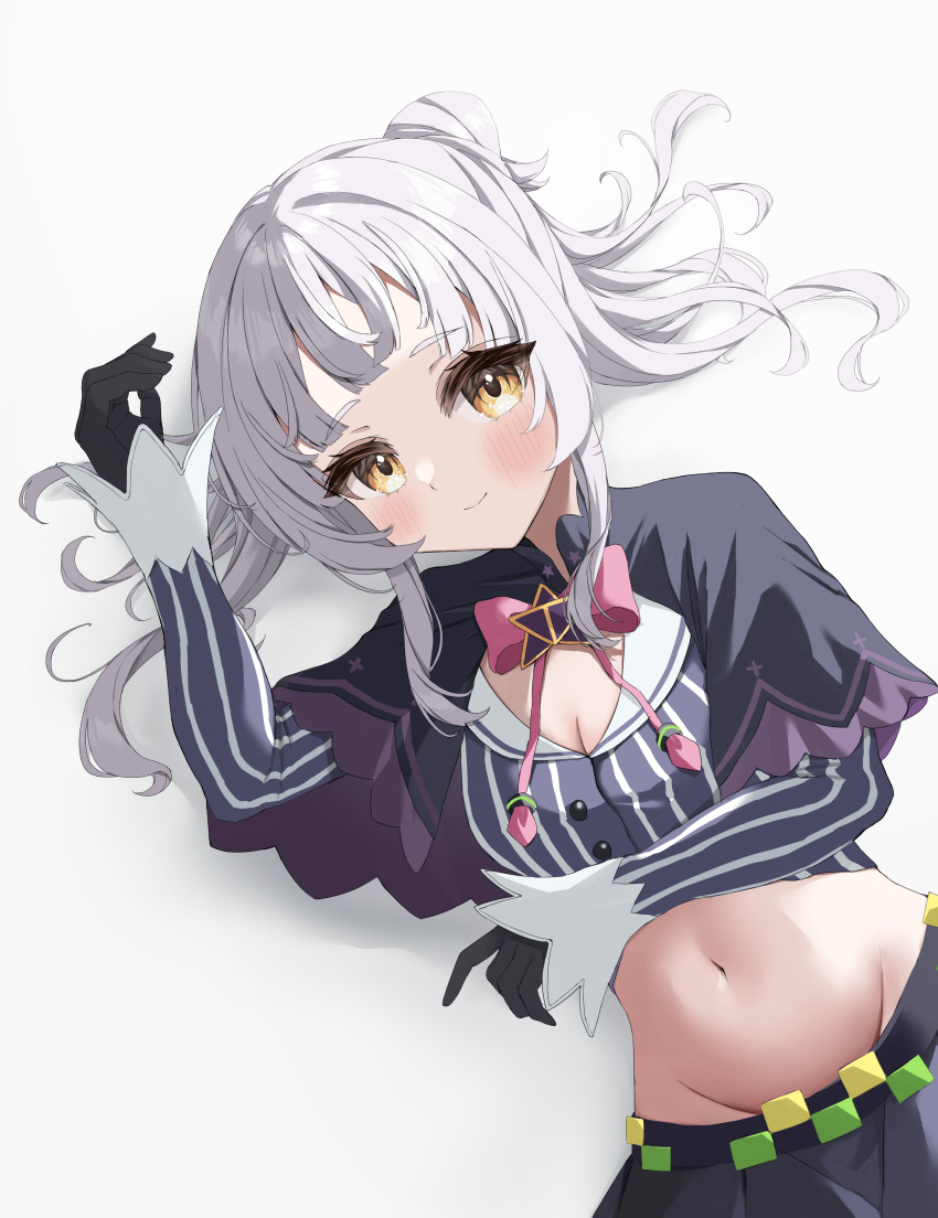 1girl absurdres black_coat black_skirt blue_shirt blush closed_mouth coat crop_top gloves highres hololive kaede_nekoshima long_sleeves looking_at_viewer lying midriff murasaki_shion navel orange_eyes shirt skirt smile solo striped striped_shirt twintails virtual_youtuber white_background white_hair