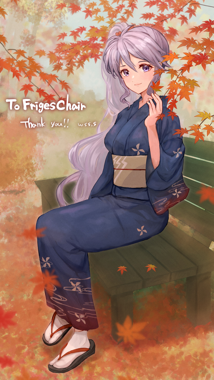 1girl absurdres autumn_leaves bench commission falling_leaves fire_emblem fire_emblem:_genealogy_of_the_holy_war fire_emblem_heroes highres holding ishtar_(fire_emblem) japanese_clothes kimono leaf long_hair looking_at_viewer purple_eyes purple_hair skeb_commission smile wss_(nicoseiga19993411) yukata