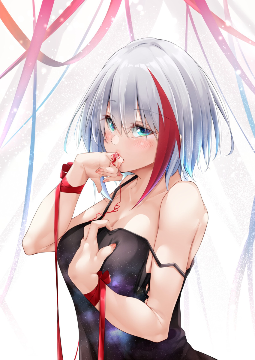 1girl absurdres admiral_graf_spee_(azur_lane) alternate_costume azur_lane babydoll bangs bare_shoulders black_babydoll blue_eyes blush breasts cleavage collarbone commentary_request finger_to_mouth grey_hair highres looking_at_viewer multicolored_hair nail_polish oriue_wato red_hair red_nails red_ribbon ribbon short_hair sidelocks solo spaghetti_strap strap_slip streaked_hair string string_of_fate wrist_ribbon