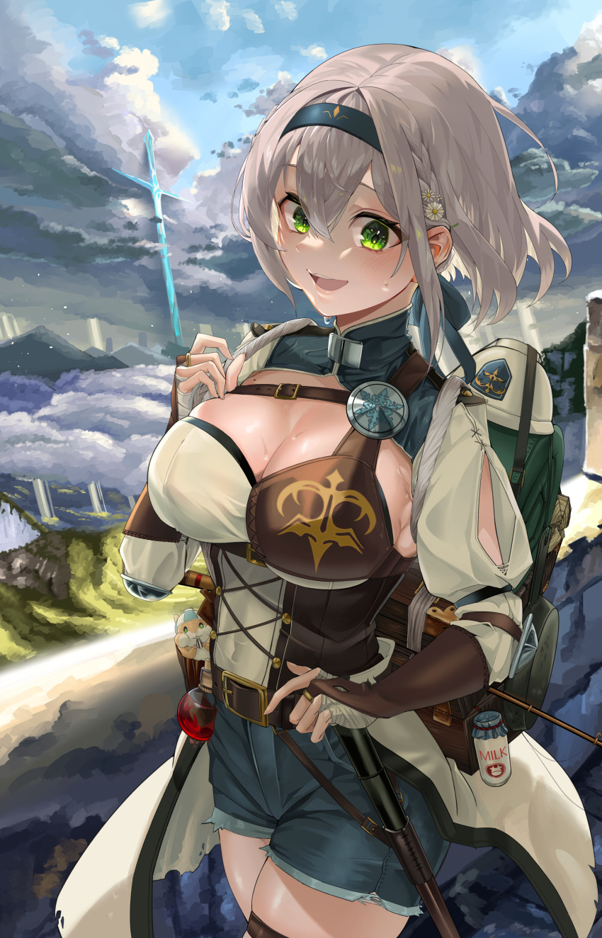 1girl :d absurdres backpack bag bangs blue_hairband blue_shorts braid breasts bridal_gauntlets cleavage cowboy_shot day flask flower green_eyes grey_hair hair_between_eyes hair_flower hair_ornament hairband highres hololive large_breasts long_sleeves looking_at_viewer outdoors pop_(shirogane_noel) shirogane_noel shirt short_hair short_shorts shorts smile snarkhunt solo standing sweat virtual_youtuber white_flower white_shirt