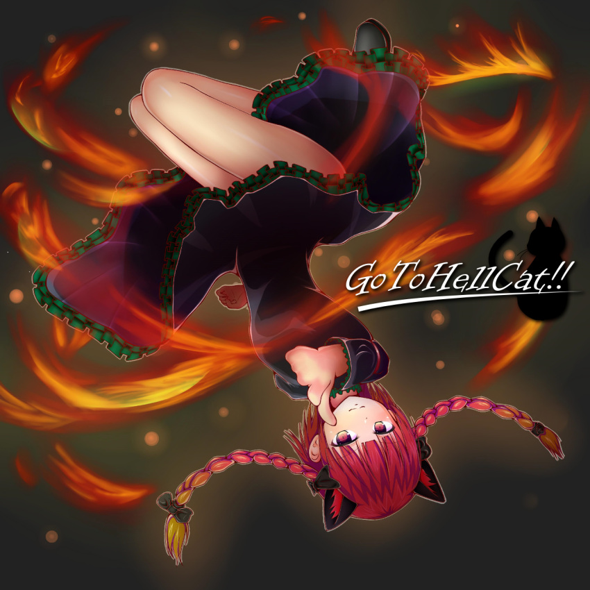 1girl animal_ears ass black_bow bow braid cat_ears dress fire flame hair_bow highres kaenbyou_rin kujira137 long_sleeves no_tail pointing pointing_at_viewer red_eyes red_hair solo touhou twin_braids upside-down